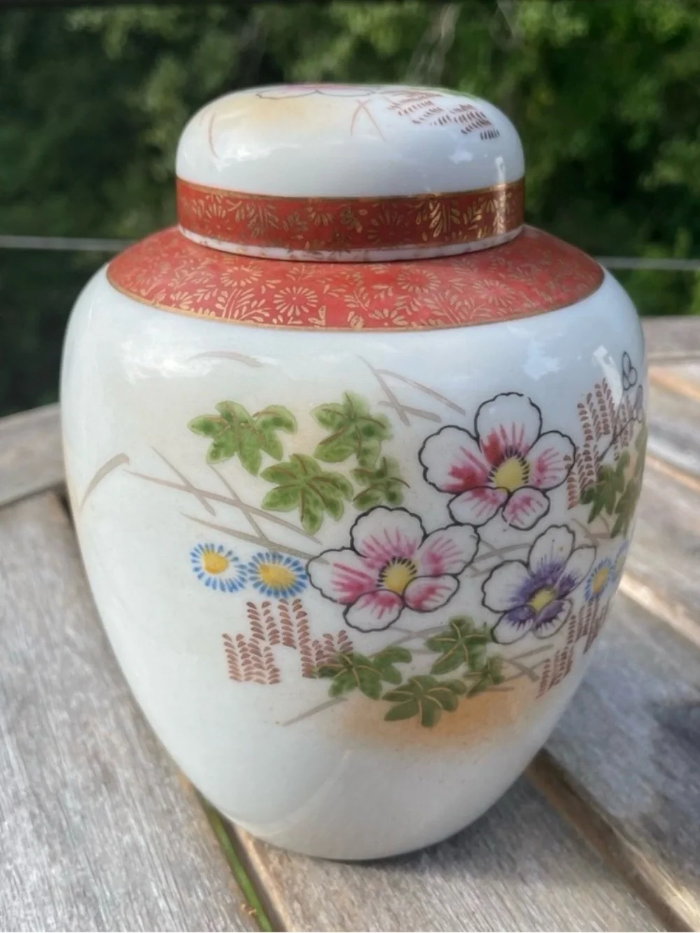Vintage Japanese Floral Porcelain Ginger Jar Lid Urn